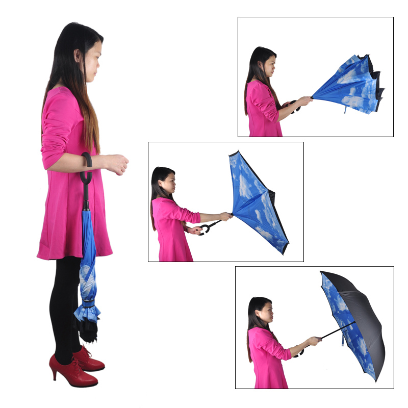 10 colores paraguas plegable a prueba de viento doble capa sol mujeres lluvia invertida paraguas reversible soporte autónomo a prueba de viento c-hook manos