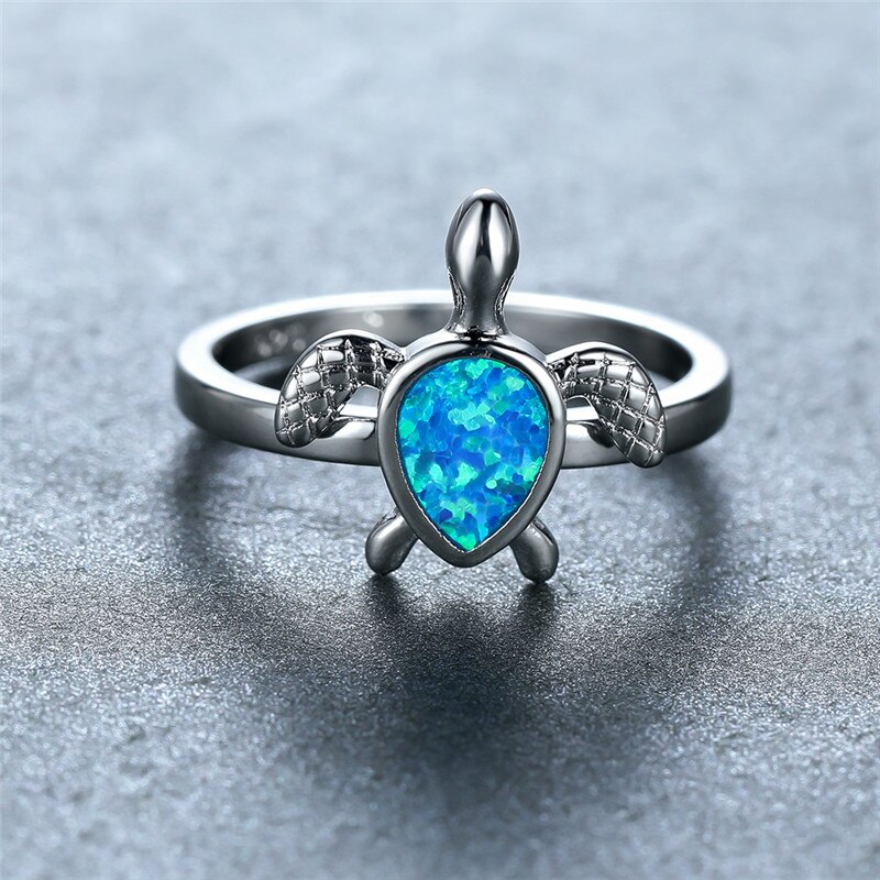 Wit Blauw Opal Water Stone Ring Charm Zilver Kleur Schildpad Ring Vrouwelijke Schattige Kleine Zee Schildpad Ringen Voor Vrouwen boho Sieraden