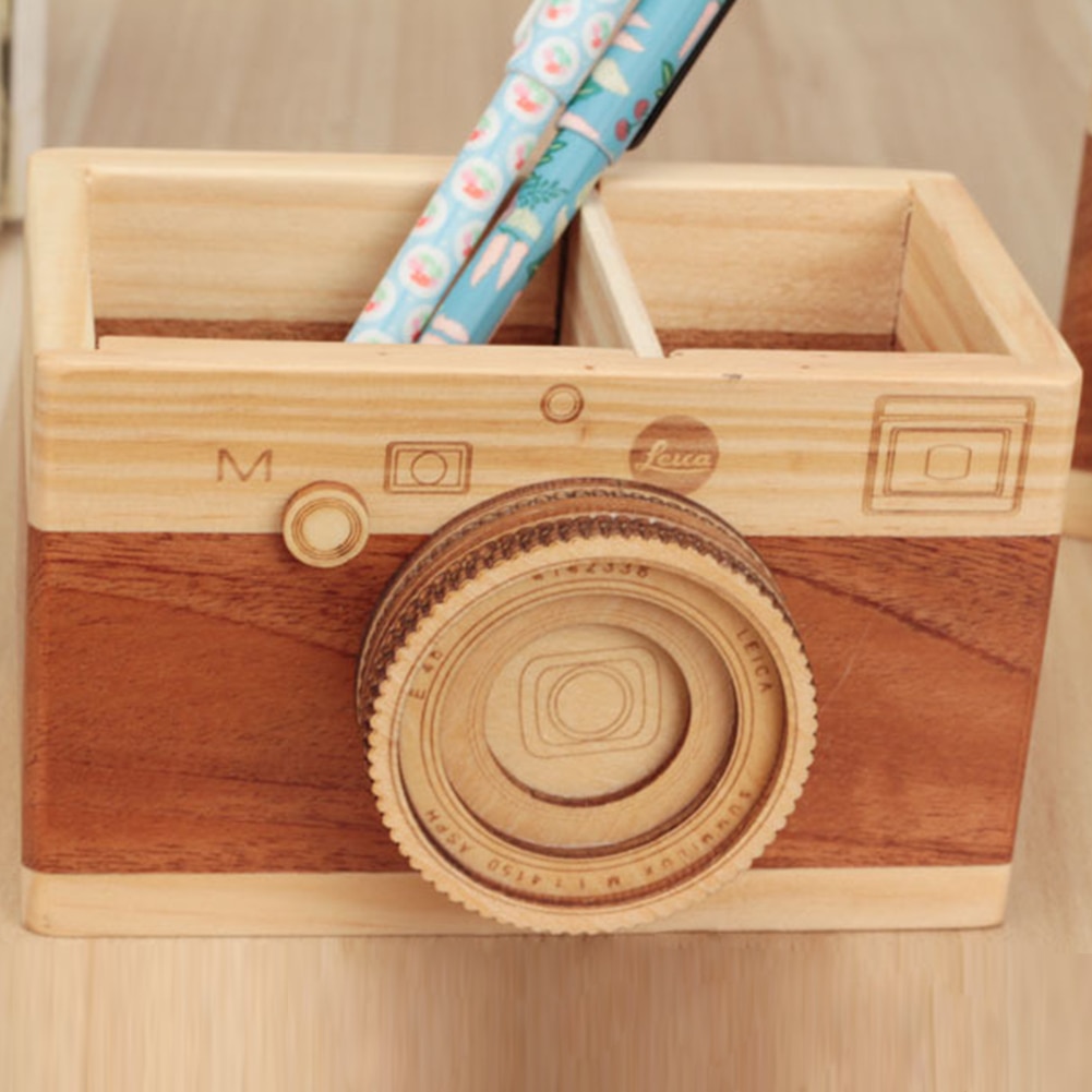 Camera Wooden Pencil Holder Home Desktop Stationarys Makeup Organizer