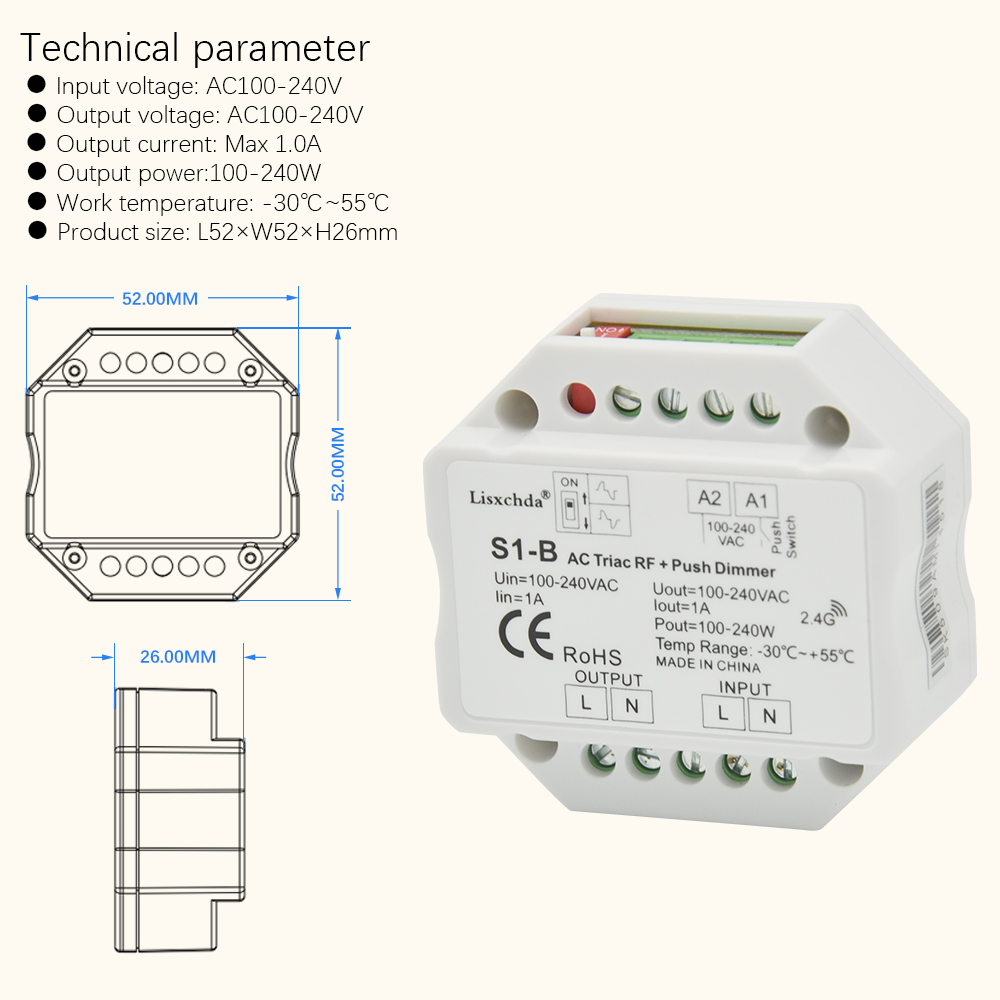 S1-B AC110v 220V 240V AC Triac RF Dimmer Output 100-240VAC 1A 240W Push Dimmer Switch
