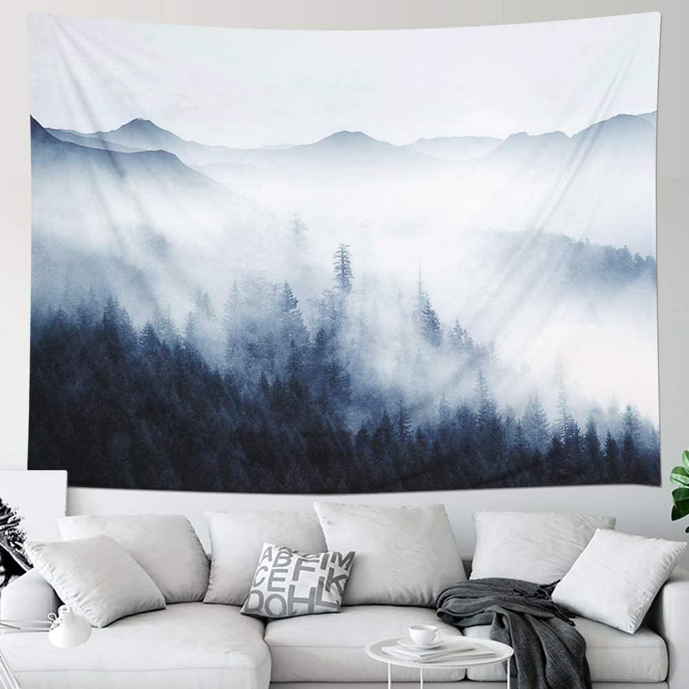 Misty Forest Tapestry Forest Trees with Mountain Tapestry Fantastic Fog Magical 3D Nature Landscape Tapestry for Bedroom
