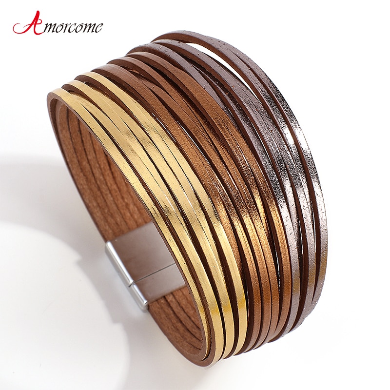 Amorcome – Bracelet en cuir mince multicolore, bandes multiples, large, bijoux de fête à la , Bracelets pour femme