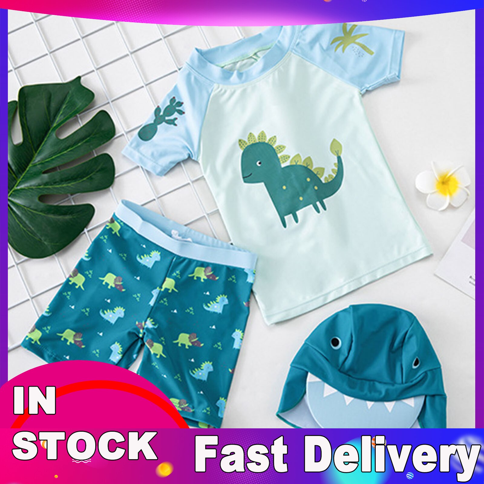 Traje de baño con estampado de dinosaurio para niños, conjunto de traje de baño infantil con estampado de dinosaurio, camiseta, pantalones cortos y sombrero, 4 #