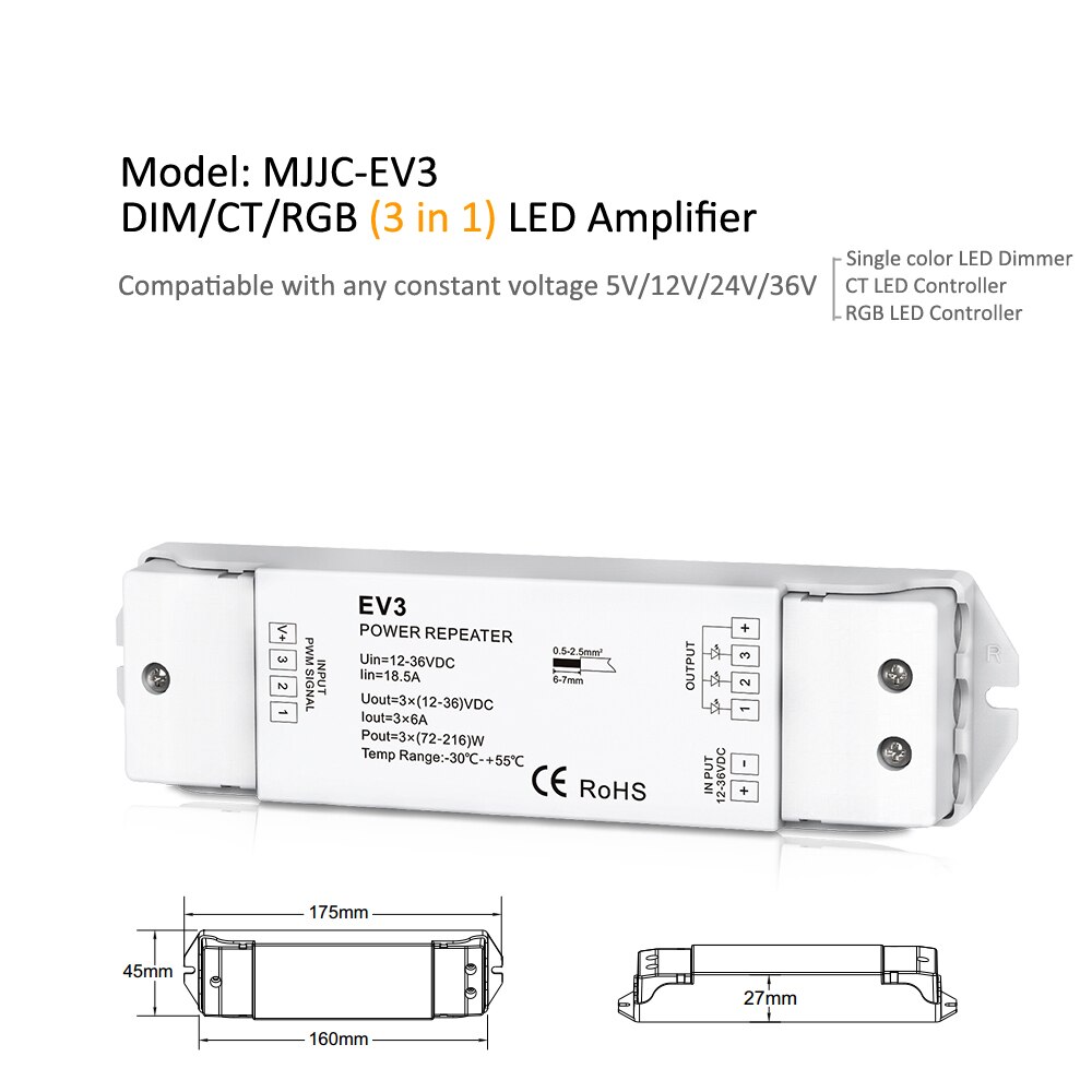 AMPLIFICADOR DE POTENCIA RGBW RGB, repetidor de 5V, 12V, 24V, 36V, EV3, EV1, EV4, PWM, 5A, 6A, 8A, DC, de un solo Color, CT, para lámparas de tiras LED