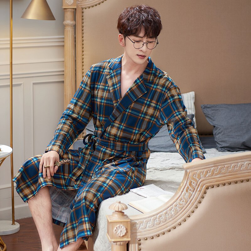 Chinese Style Spring Autumn Mens Bath Robe Long-sleeve Pure Cotton Pajamas for Men Bathrobe Male Kimono Dressing Gowns Sleepwear