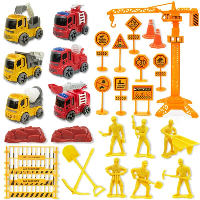 31Stck Trägheit Ingenieurwesen Fahrzeug Feuer Lkw mit freundlicher Spiel matt Straße Zeichen Hängen Turm Zubehör einstellen freundlicher spielzeug