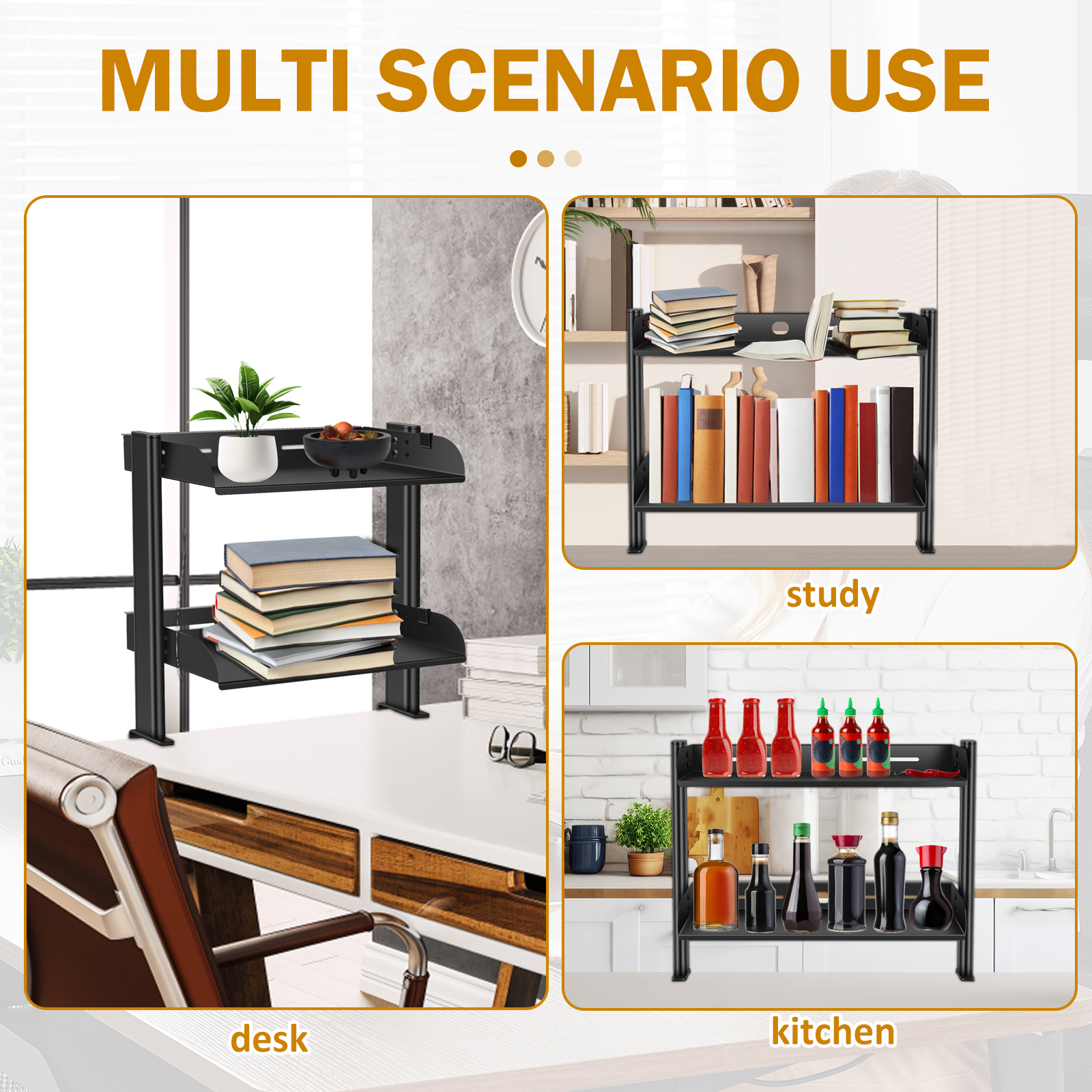 2 Tiers Desktop Bookshelf Clamp On Desk Shelf Clamp Table Mount Shelf Space Saving Desktop Clamp Shelf for Office Sturdy Table