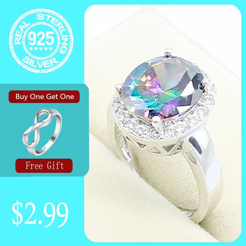 925 Sterling Silver Ring For Women Oval Rainbow Topaz Jewelry Free: 10 / Rainbow