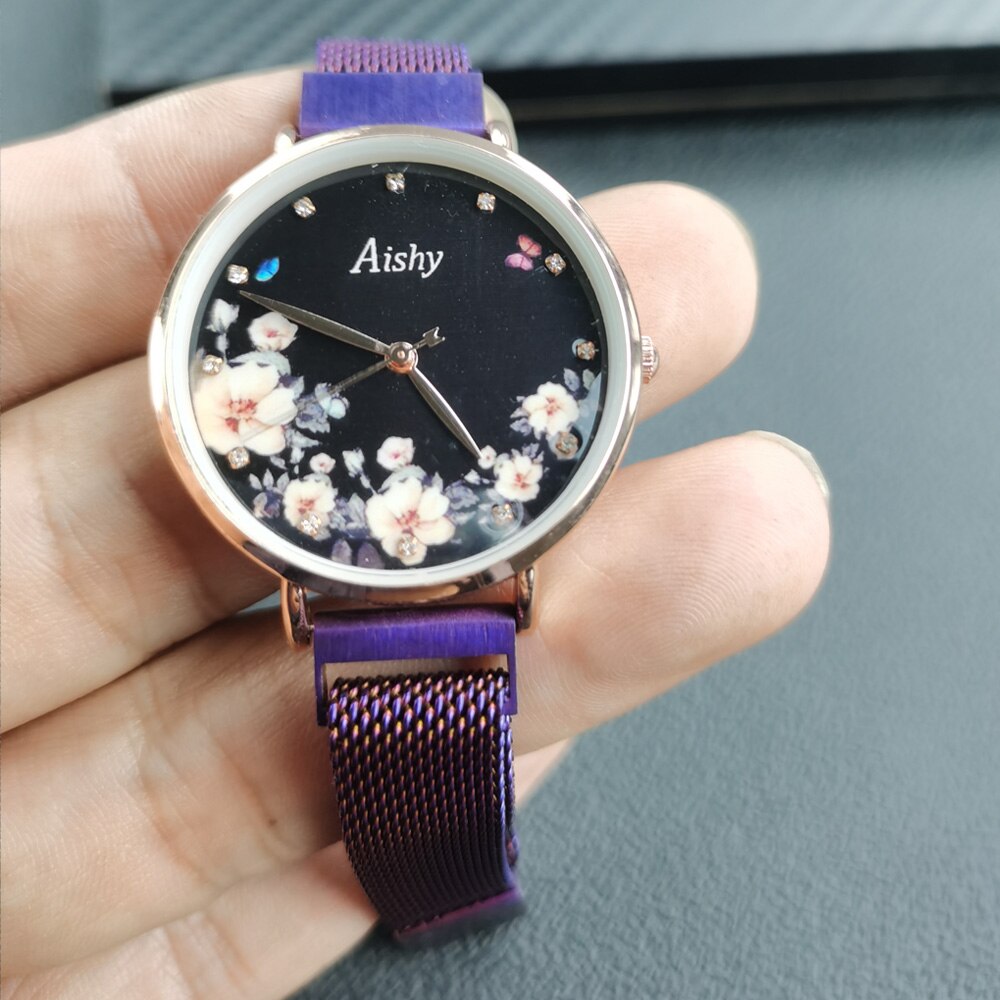 Aishy Dameshorloge - Milanese Magneetband - Quartz Uurwerk - 34mm Wijzerplaat: Paars