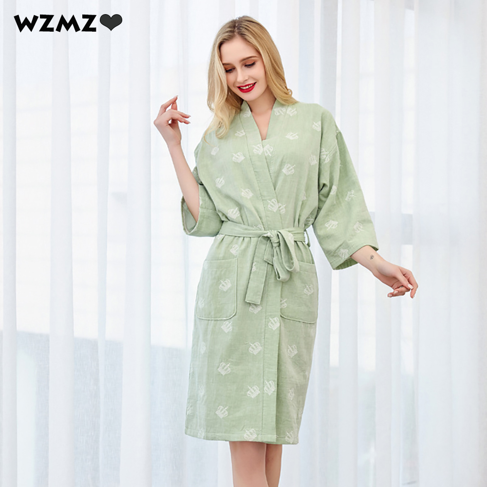 Peignoir Double gaze 100% coton pour femmes, Kimono respirant et absorbant, , couronne imprimée, Robe de nuit, cosmétique, printemps été