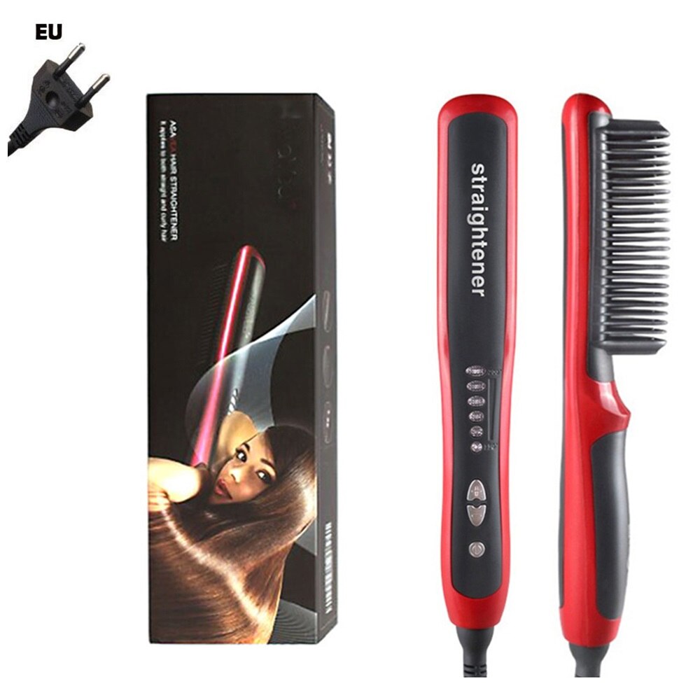 Cepillo alisador de cerámica antiestático peine plancha de pelo Pro LCD calentamiento eléctrico iónico rápido alisador de pelo seguro: Red box EU PLUG