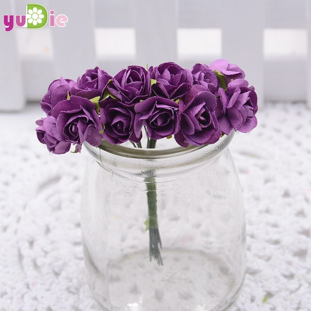 12 stk/parti 1.5cm mini papir rose blomster bukett bryllup dekorasjon papir blomst til gjør-det-selv scrapbooking blomster papir billige blomster: Lilla