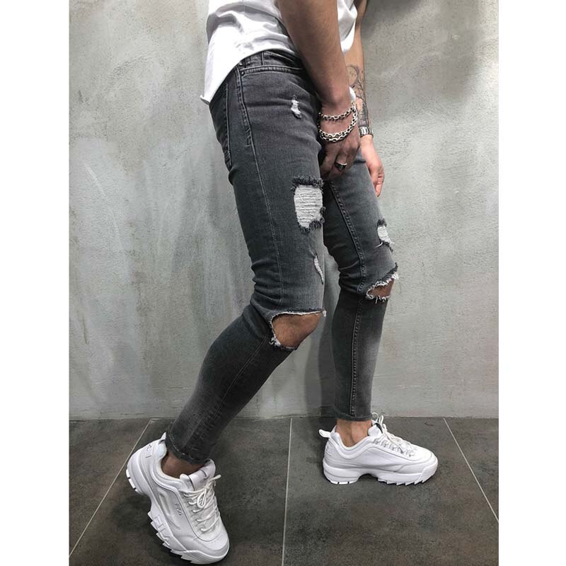 Men Jeans Streetwear Knee Ripped Skinny Hip Hop Estroyed Hole Pants Solid Color Male Stretch Casual Denim Big Trousers: 11098 Gray / M