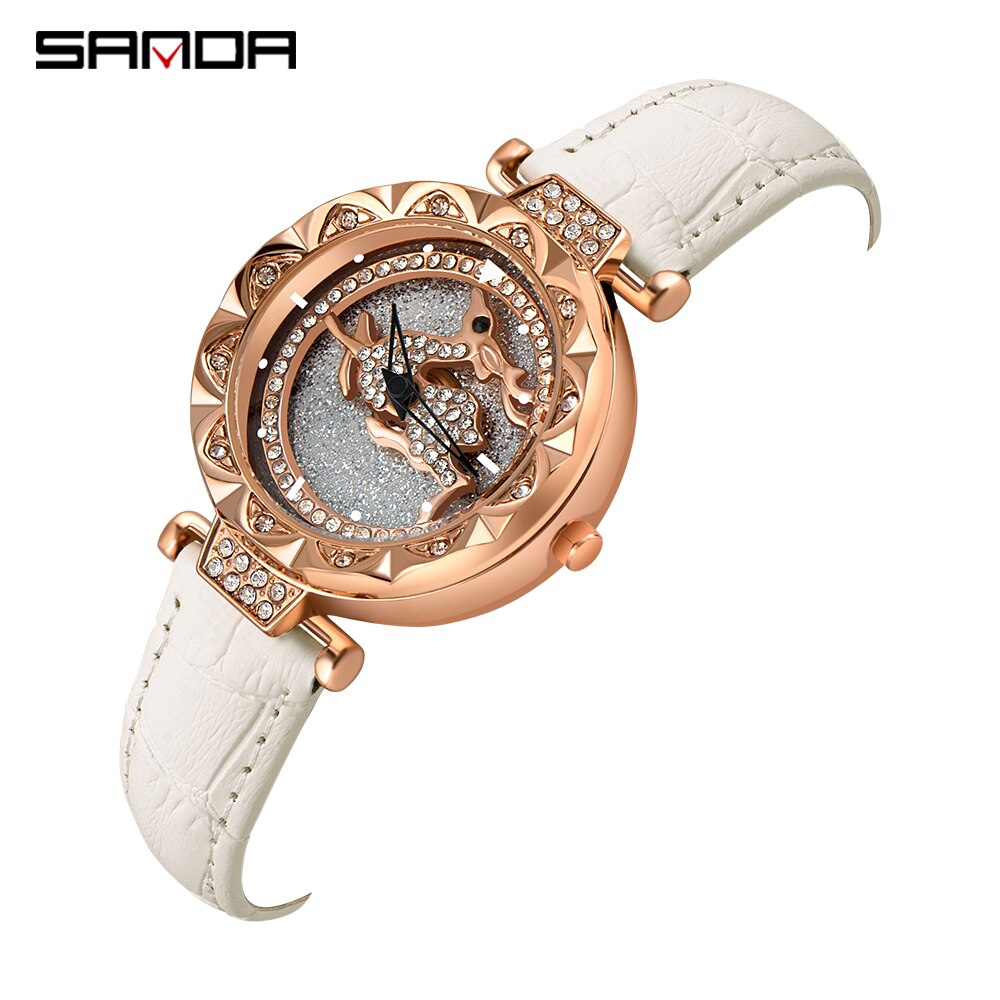 Sanda dameshorloge met kristal, diamant, draaibare wijzerplaat, leren stalen magneet, waterdicht quartzhorloge: Leren riem wit