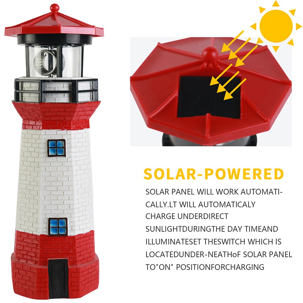 Resin LED Lighthouse Shape Solar Light Garden Fence Yard Outdoor Decoration Smart Sensor Beacon Rotating Beam Lamp