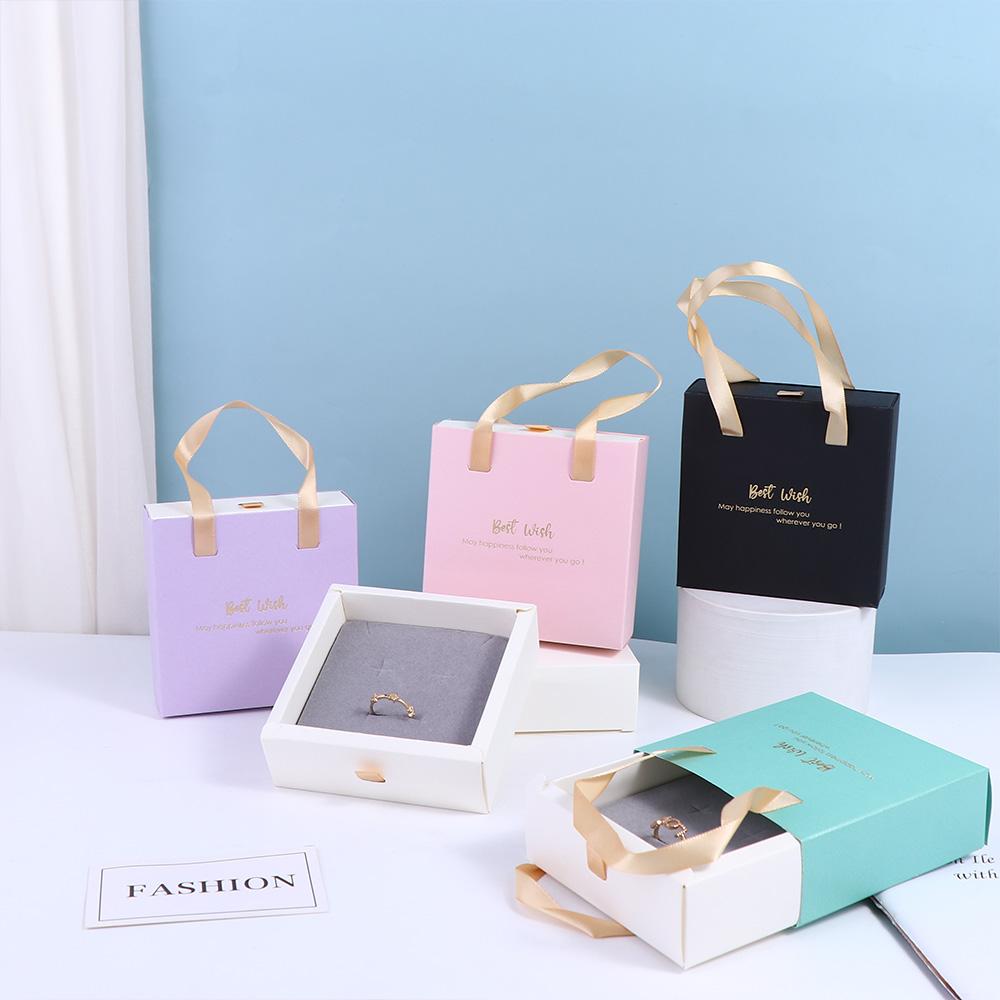 Best Wishes Jewelry Box Paper with Handle for Wedding or Travel Portable Ring Earrings Necklace Packageing Organizer Case