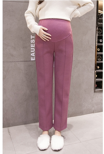 Moederschap broek herfst en winter mode stijl dragen wide-leg broek winter wollen suiting buik warme broek: Purple / L