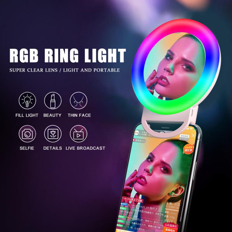 Rgb selfie led anel de luz círculo mini luzes do telefone móvel lâmpada no para o telefone recarregável clip-on espelho de maquiagem luz de preenchimento