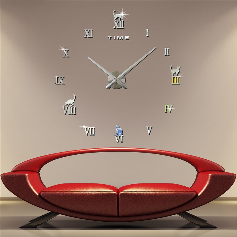 Wall Clocks Home Decor Acrylic Self Adhesive Large Decorative Wall Clock Sticker Roman Numerals: Silver