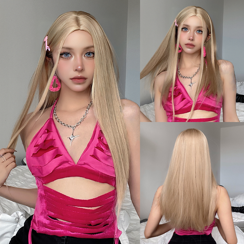 Lange gerade dunkelbraune synthetische Perücken mit Pony, seidige geschichtete Perücken für Frauen, täglicher Partygebrauch, Naturhaar-Perücke, hitzebeständig: Blau