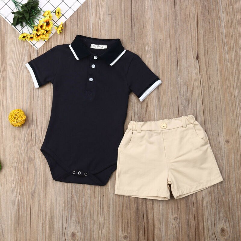 Toddlr Boy Kleding 2 STUKS Baby Baby Boy Kleding Korte Sleevee Solid Jumpsuit Bodysuit + Broek Shorts Gentleman Outfit set