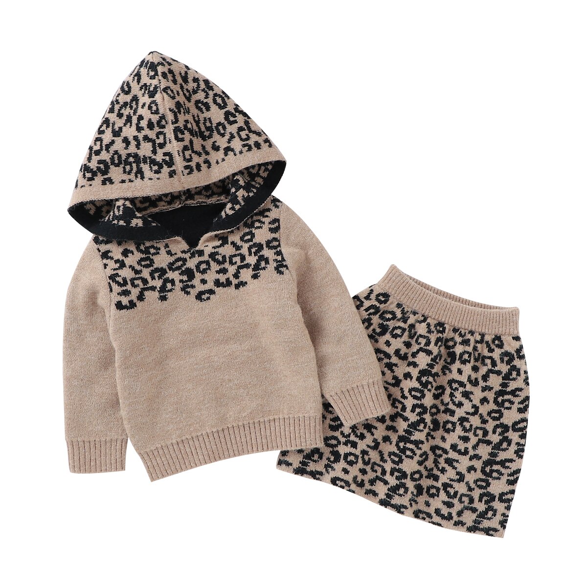 0-24m babykledingsets met luipaardprint, peutermeisjes, lange mouwen trui met capuchon + rok met elastische taille voor de winter en herfst