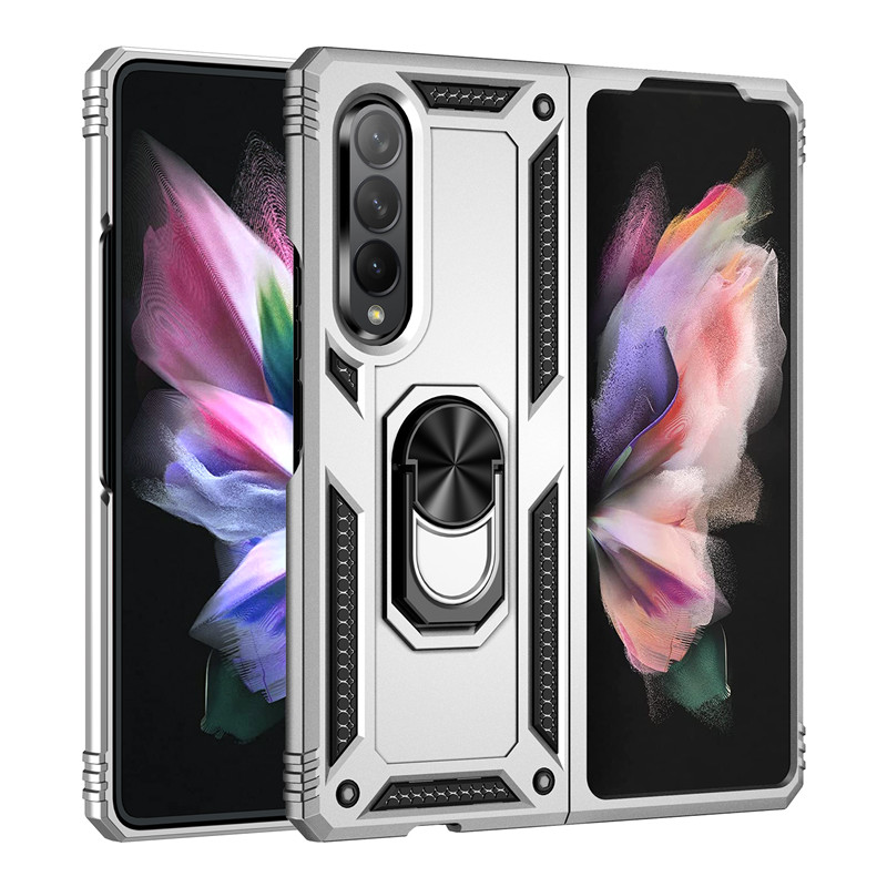 Per Samsung Galaxy Z Fold 3 custodia armatura antiurto supporto per anello magnetico supporto per staffa Cover posteriore per Galaxy Z Fold 3 5G custodie: Silver