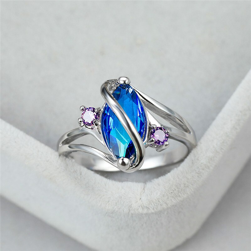 Charme kvindelig blå krystal sten ring vintage sølv farve vielsesringe til kvinder lover zirkon blad forlovelsesring