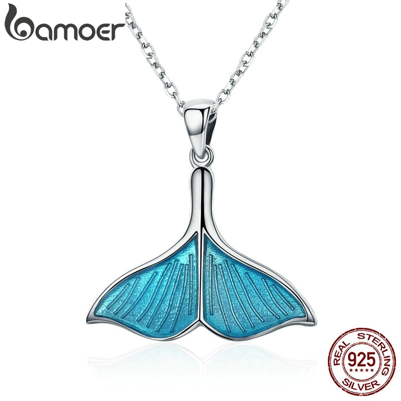 BAMOER 925 Sterling Silber Ozean Meer Blau Emaille Fisch Wal Schwanz Meerjungfrau Anhänger Halsketten Frauen Silber Schmuck Brincos SCN096