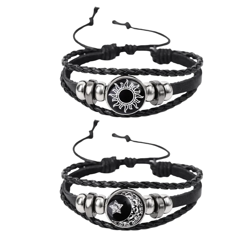 2 pçs luminosa casal amizade pulseira sol e lua ajustável romântico preto trançado pulseiras moda criativa jóias presentes: vermelho-escuro