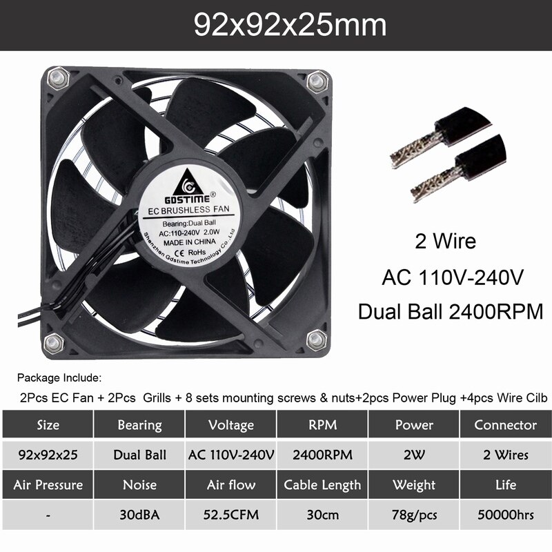 2Pcs Gdstime EC Borstelloze Ventilator Axiale Ventilator 60mm 80mm 90mm 120mm PC Koeler AC 110V 115V 120V 220V 230V 240V EC Fan Computer Case: 2pcs  9225 Dual Ball