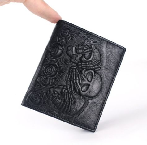 Punk Style Rose Ghost Head Embossed Wallet for Men Gothic Black Leather Wallet Short Vintage Skull Men's Wallet Purse: Vertical black