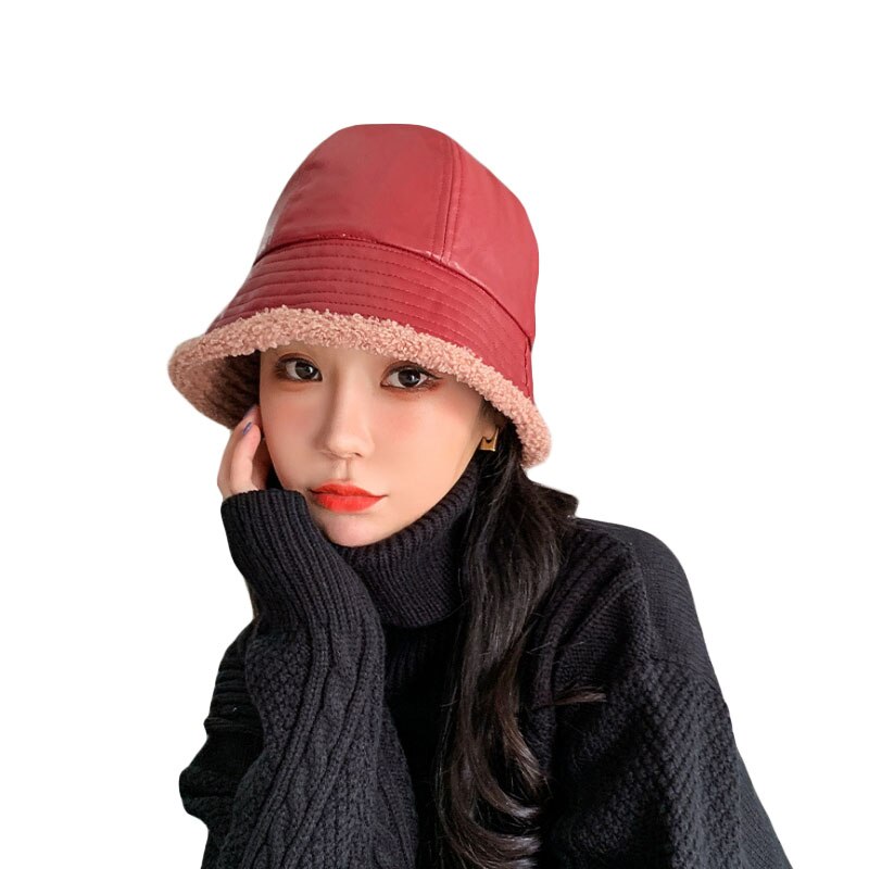 Faux pu skinn bøttehatt kvinner vinter varm lam kashmir flat utendørs fiskehetter uformelt dame panama fiskerhatter: Vinrød