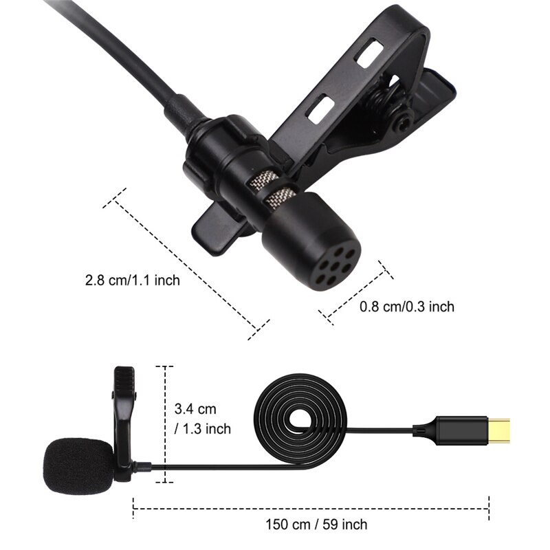 Mini 1.5M Revers Clip-On Microfoon Mic Usb C Type-C Mic Condensator Audio Opname Voor Huawei xiaomi Samsung Android Mobiele Telefoon