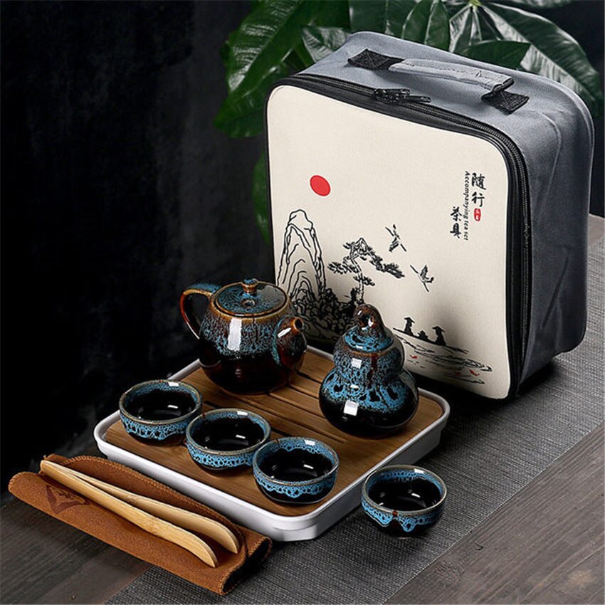 Portable Kung Fu Tea Set Ceramic Chinese Teapot Porcelain Teaset Gaiwan Tea Cups of Tea Ceremony Tea Pot With Travel Bag: Blue