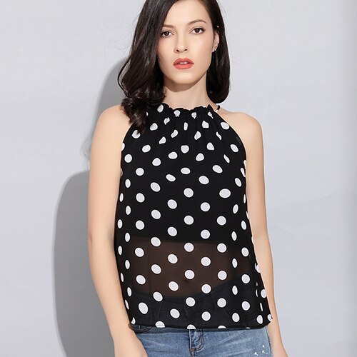 Polkaprikkede bluse off the shoulder toppe til kvinder streetwear sorte bluser dame chiffon bluse sommer: M
