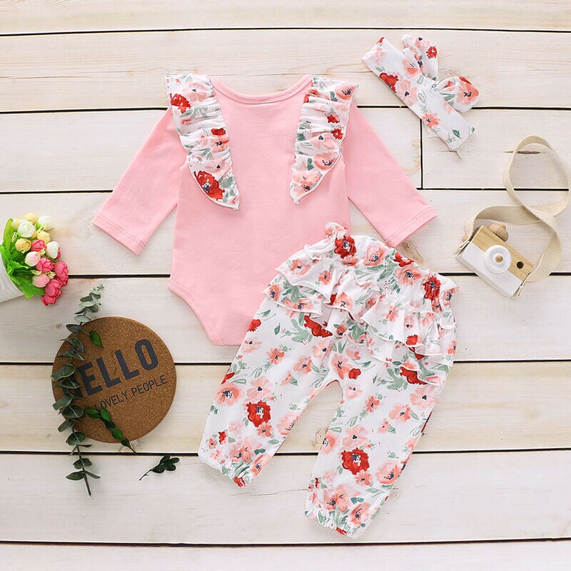 Baby Lente Herfst Kleding Baby Baby Girl Kid Verstoorde Longsleeved Tops Bodysuit Broek Hoofdband Winter Outfit 0-18M