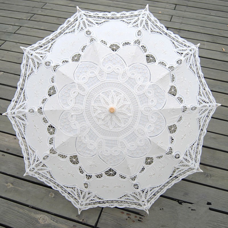 Sonnenschirm Baumwolle Stickerei Braut Regenschirm Weiß Elfenbein Battenburg Spitze Sonnenschirm Regenschirm Hochzeit Regenschirm Dekorationen