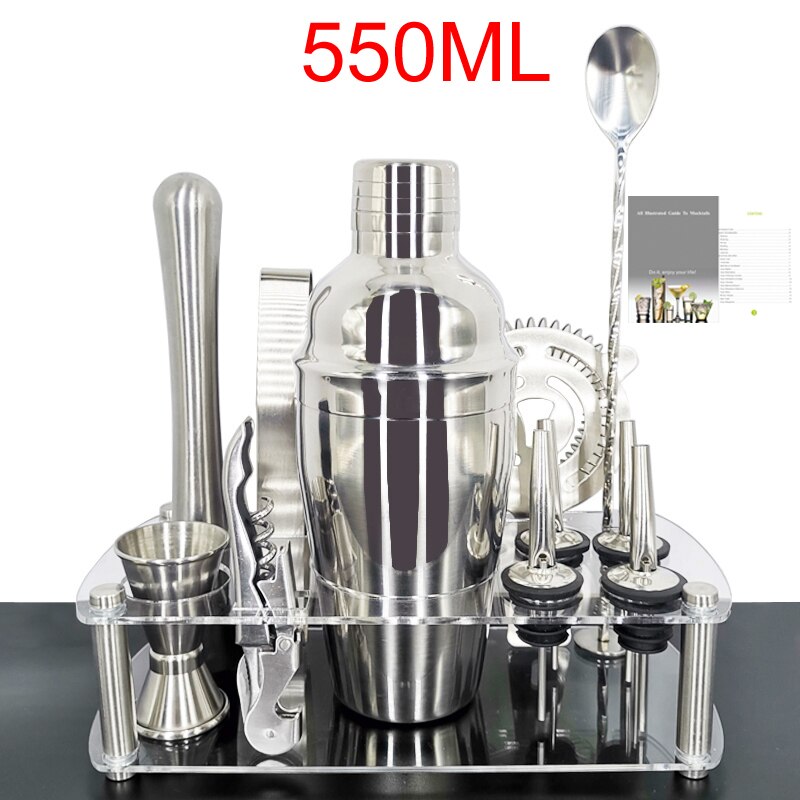1-13 Pieces Cocktail Shaker Set Bartender Kit Stainless Steel Martini Mixer, Muddler, Spoon, jigger, 4 pourers, Recipes Booklet: 11Pcs 550mWith Rack