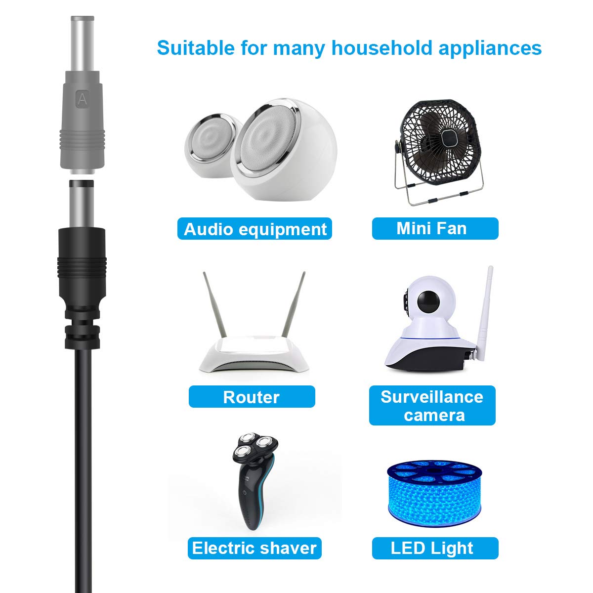 USB zu DC 5V Energie Kabel, Universal- DC 5,5x2,1mm Stecker Jack Ladekabel mit 11 Anschlüsse (6,4 x4.4, 6,3 x3.0, 5,5 x2.5, 5,5 x2.1,