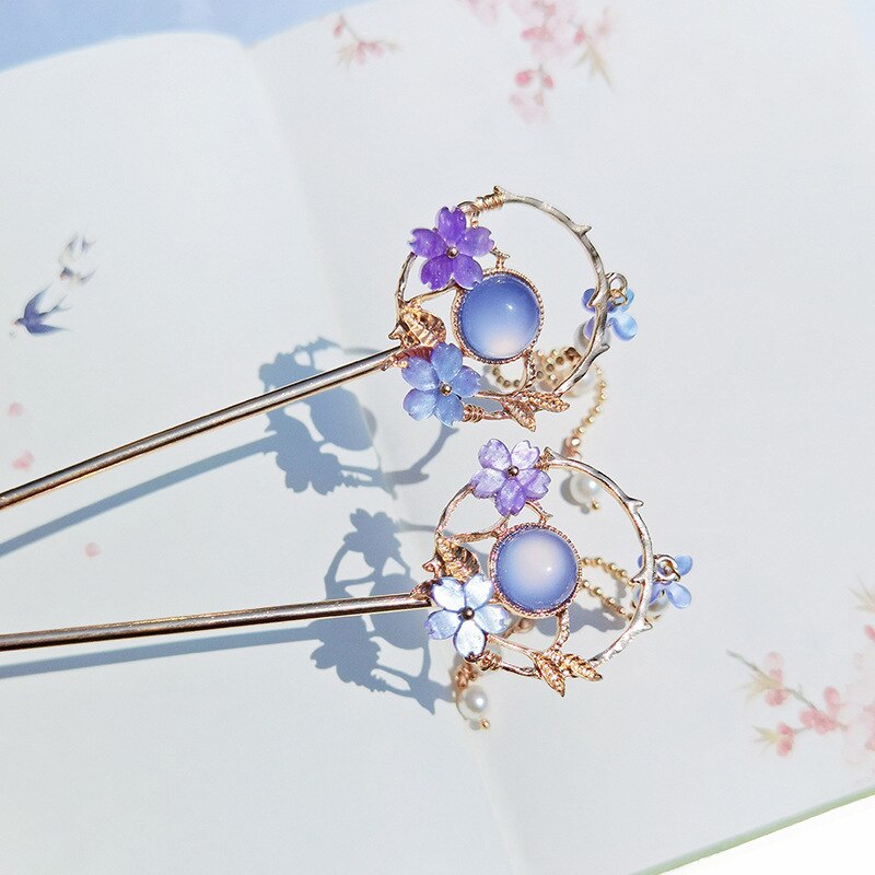Épingles à cheveux en métal Style chinois, pampilles, épingles à cheveux en perles, pince à cheveux fleur, baguettes pour fête de mariage, couvre-chef: blue(1pc)