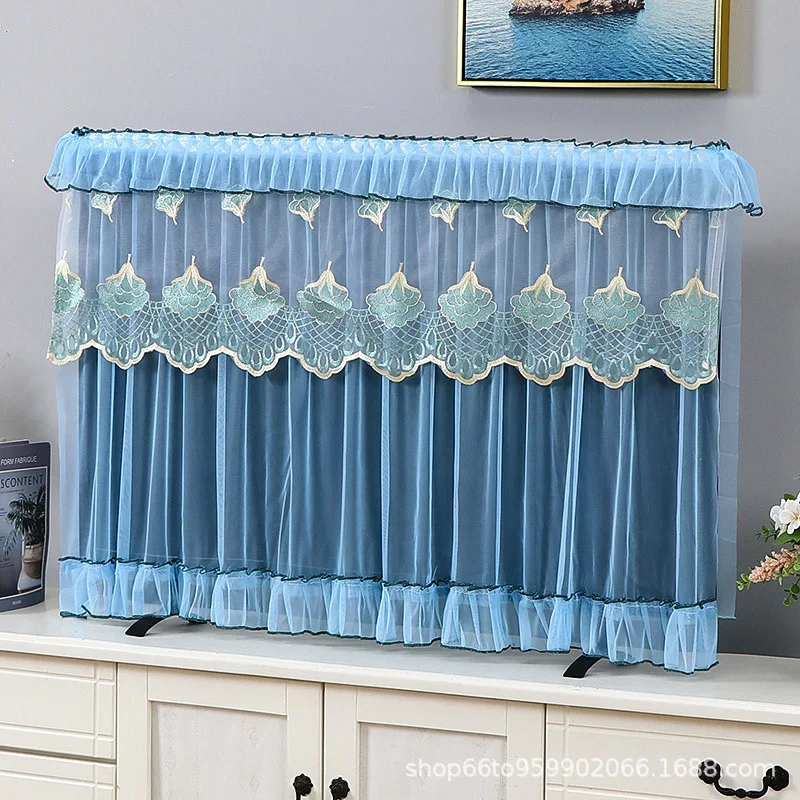 32/37/42INCH Lace Fabric Door Curtain TV Circle Can Be Flipped Dust Cover Monitor Screen Home Decorations Dust Cover: Blue / 190*260cm