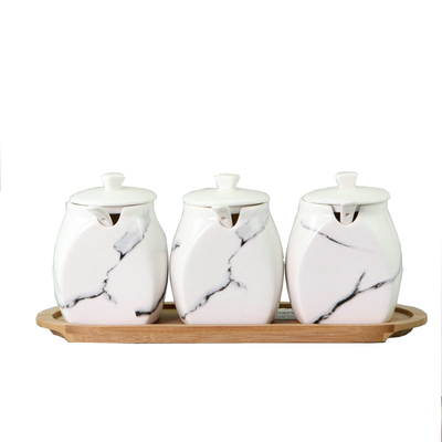 Japanese marbled ceramic seasoning jar set kitchen seasoning box wooden tray wood cover oil salt can seasoning bottle c