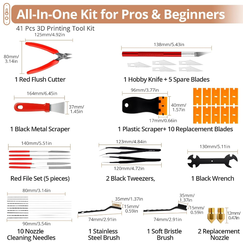 Kit de Ferramentas para Impressora 3D com 43 Peças, Acessórios para Manutenção Pós-Processamento, Ferramentas de Limpeza de Bicos e Raspadores