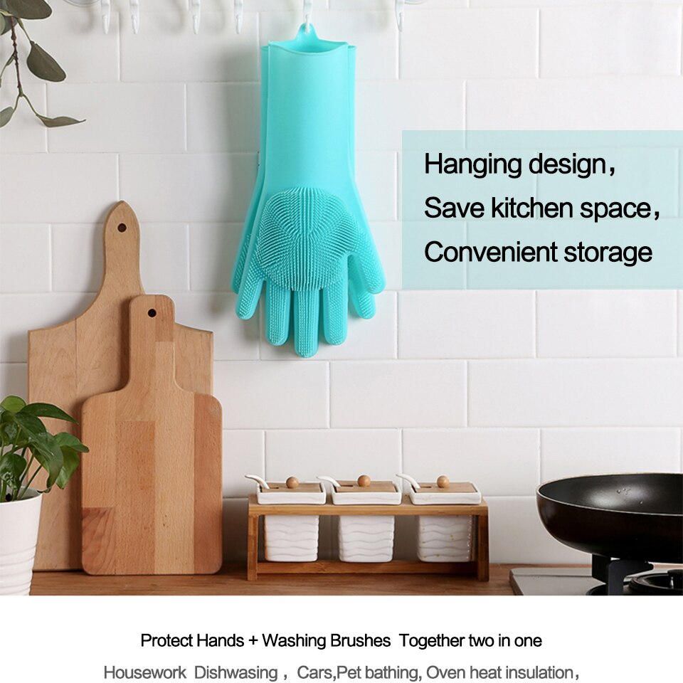 Guantes mágicos de silicona con estropajo para lavado de platos, manoplas de goma, resistentes al calor, para el hogar y la cocina, 1 par