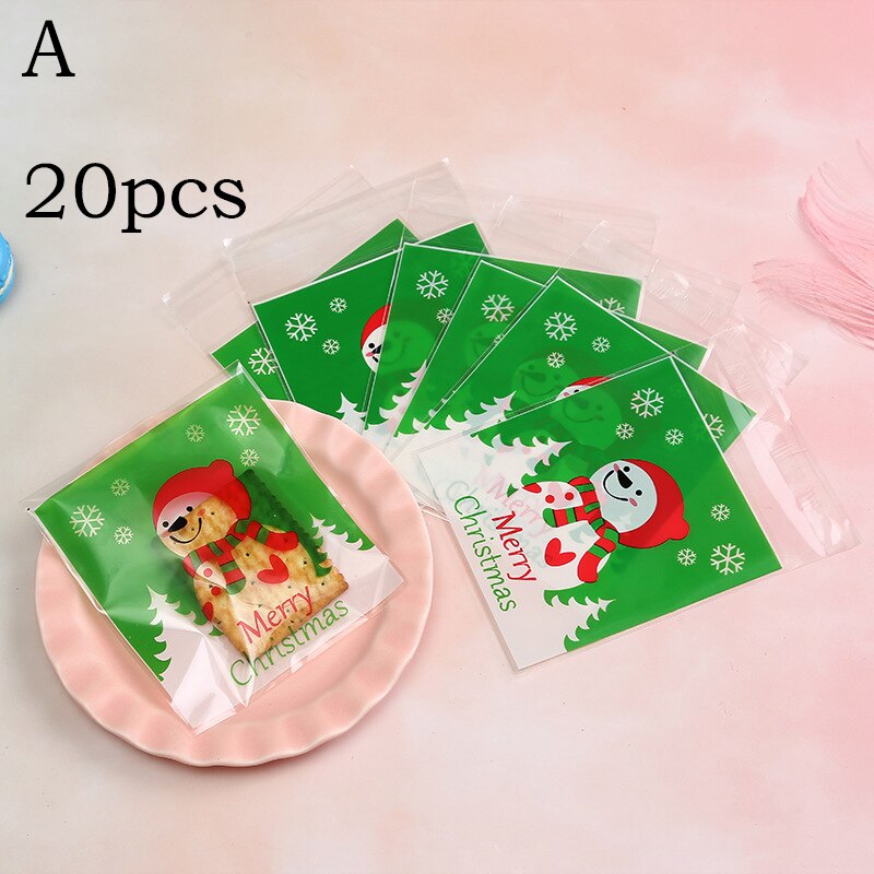 20 st / mycket söta tecknadspåsar julkakaförpackning självhäftande plastpåsar för kex födelsedag godis tårta paket
