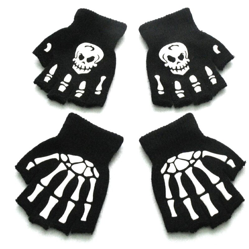 Druck Fluoreszierende Skelett Schädel Gestrickte Halbe Finger Handschuhe Kühlen Herbst Winter Schwarz befreien betroffen für freundlicher 5-12Y