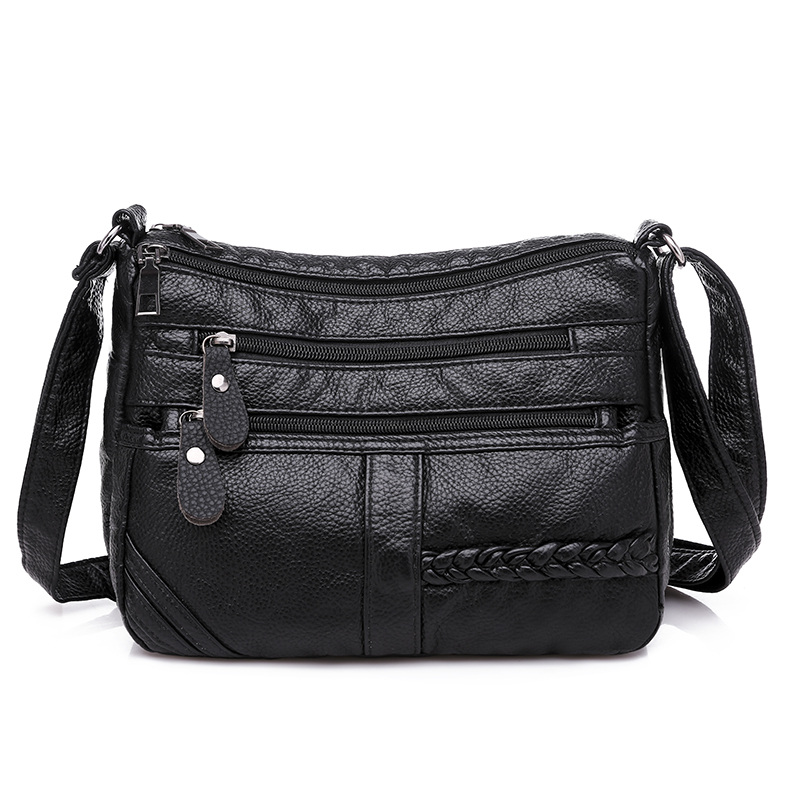 Ladies Multi-pocket Messenger Bag Soft PU Leather Shoulder Bags Casual Crossbody Bags for Women Bolsa Feminina: Black-3