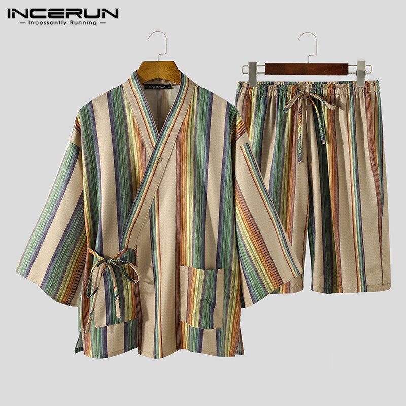 INCERUN Men Vintage Striped Pajama Sets 3/4 Sleeve Lace Up Tops Drawstring Shorts 2 Pieces Man Retro Kimono Homewear Suits S-5XL