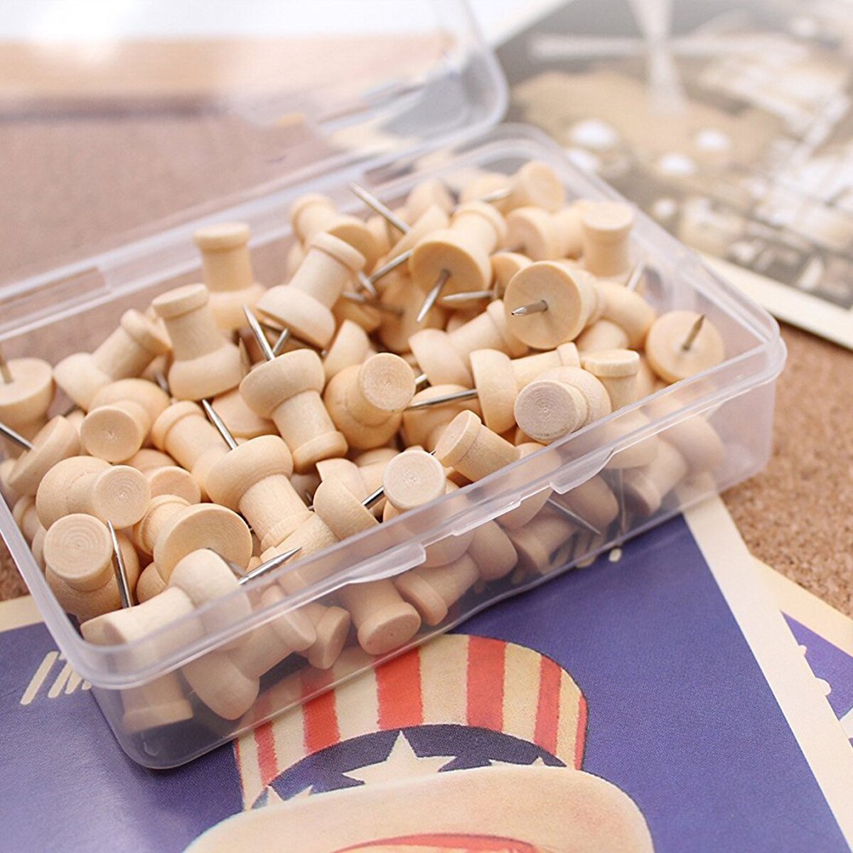 80pcs H-Shape Wood Decorative Push Pins, Wood Head and Steel Needle Point Thumb Tacks for Photos, Maps and Cork Board